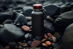 ai généré métal noir camping thermos sur des pierres, vide ballon pour chaud thé ou café dans la nature. concept équipement pour randonnée, Voyage photo