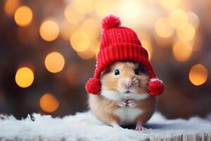 ai généré mignonne duveteux peu Noël hamster dans une rouge tricoté chapeau permanent sur le neige. fermer marrant rongeur en plein air, de fête bokeh lumières photo