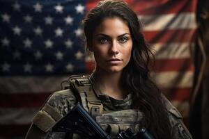 ai généré portrait caucasien Jeune femme soldat dans militaire uniforme avec armes sur Etats-Unis drapeau Contexte à la recherche à caméra, patriote journée concept photo