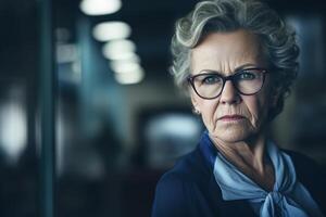 ai généré portrait sur de soi strict Sénior femme patron portant des lunettes et court gris cheveux, sérieux mécontent milieu vieilli caucasien affaires femme à l'intérieur à la recherche une façon photo