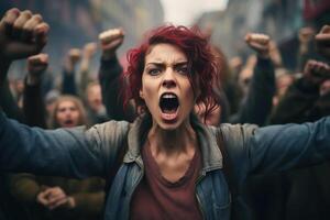 ai généré protester foule de militants avec élevé mains, en hurlant agressif caucasien femme sur rue. se rallier, frapper, émeute concept photo