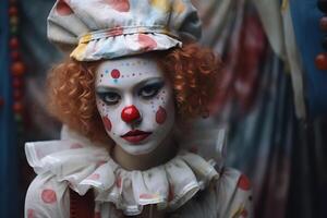 ai généré triste femelle clown, portrait de mécontent femme avec de fête maquillage à l'intérieur à la recherche à caméra photo