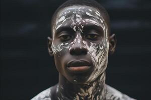 ai généré portrait de une sérieux africain américain homme avec blanc peindre taches sur le sien visage à la recherche à caméra. identité, vitiligo concept photo