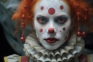 ai généré portrait de une sérieux femelle clown, une triste femme avec une de fête maquillage à la recherche à caméra photo