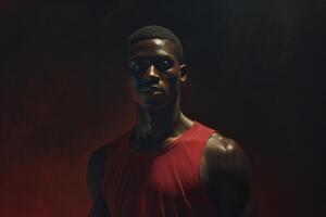 ai généré portrait de à la taille africain américain athlétique Jeune gars dans rouge réservoir Haut permanent à l'intérieur photo
