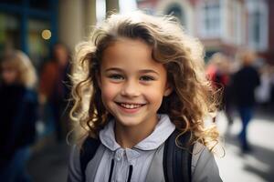 ai généré content souriant peu écolière Aller à école, portrait frisé caucasien fille avec sac à dos en plein air à la recherche à caméra photo