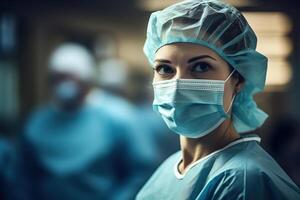 ai généré caucasien femme chirurgien dans médical masque dans en fonctionnement chambre, portrait de femelle médecin assistant dans hôpital à la recherche à caméra photo