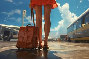 ai généré voyage, voyage, vacances concept. fermer de femelle mince jambes dans une jupe et valise, une Jeune femme permanent à le autobus station sur une ensoleillé été journée photo