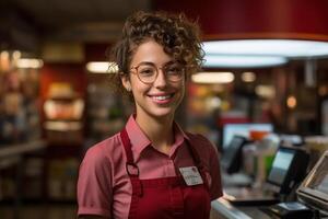 ai généré portrait de souriant femme la caissière à check-out dans magasin, femelle vendeur dans marché de pointe à la recherche à caméra photo