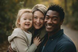 ai généré portrait de content international famille, multiracial fille maman et papa étreindre ensemble en plein air à la recherche à caméra photo