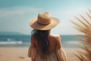 ai généré magnifique mince méconnaissable Jeune femme portant été robe et paille chapeau permanent sur plage à mer. retour vue bronzé femme relaxant sur ensoleillé jour, mode de vie vacances photo