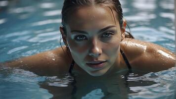 ai généré portrait de une jolie fille dans le piscine, humide portrait, humide gir dans le piscine, femme est nager dans le bassin photo