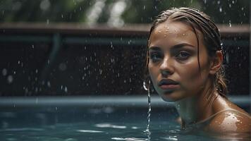 ai généré portrait de une jolie fille dans le piscine, humide portrait, humide gir dans le piscine, femme est nager dans le bassin photo