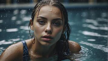 ai généré portrait de une jolie fille dans le piscine, humide portrait, humide gir dans le piscine, femme est nager dans le bassin photo