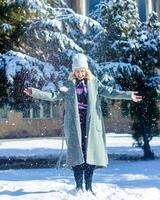 portrait de une femme dans une parc, portrait de une femme dans hiver parc, portrait de une blond femme, femme dans chapeau photo