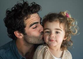 ai généré une père avec amour baisers le sien fille sur le joue, pur lien photo