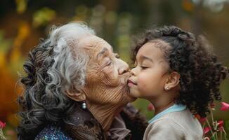 ai généré grand-mère avec amour baisers peu fille sur le joue, sucré baiser photo
