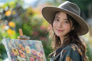 ai généré une femme artiste dans une chapeau des peintures en plein air, célébrer artistique journée photo