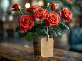 ai généré table ensemble avec rouge des roses et un vide étiqueter, global inflation idée photo