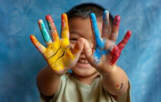 ai généré une enfant mains couvert dans coloré peindre, monde art journée image photo