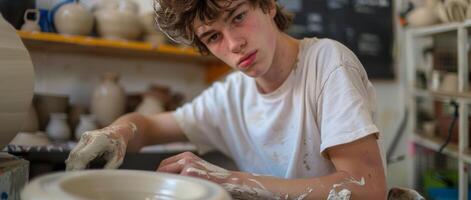 ai généré une Jeune homme façonner argile sur une poterie roue dans une atelier, célébrer artistique journée photo