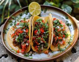 ai généré une tacos sur une plaque, mexicain nourriture Contexte image photo