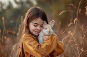 ai généré une fille câlins une blanc lapin en plein air, doux baiser photo