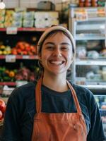 ai généré une souriant supermarché ouvrier Heureusement pose pour photo, la main d'oeuvre journée bannière photo