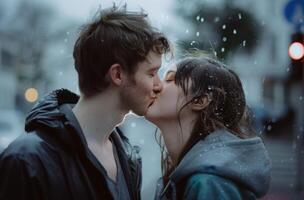 ai généré Jeune homme et femme embrasser en plein air dans le pluie, pur lien photo