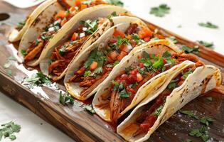 ai généré tacos Al pasteur arrangé sur marbre table délicieux mexicain plat, mexicain vaisselle image photo