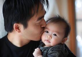 ai généré une papa baisers le sien bébé exprimer l'amour et affection, international embrasser journée image photo