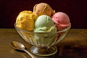 ai généré irrésistible assortiment de savoureux la glace crème boules dans une verre. établi avec génératif ai photo