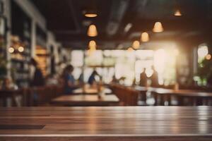 ai généré vide en bois table dans une défocalisé restaurant intérieur. établi avec génératif ai photo