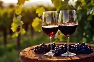 ai généré romantique du vin dégustation dans le vignoble deux des lunettes de rouge du vin avec scénique vues. établi avec génératif ai photo