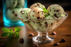 ai généré irrésistible menthe Chocolat puce la glace crème boules dans une verre récipient. établi avec génératif ai photo