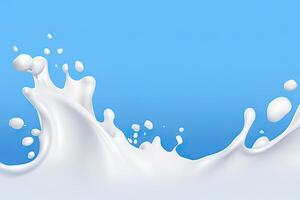 ai généré Frais laitier des produits dans mouvement blanc Lait ou yaourt éclaboussure dans vague forme isolé sur bleu Contexte. établi avec génératif ai photo