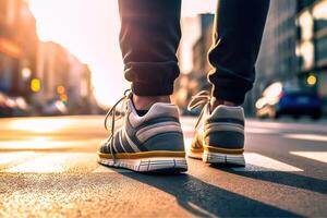 ai généré Urbain foulée fermer de homme sport baskets en marchant sur rue avec confiance. établi avec génératif ai photo