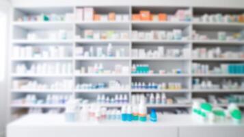 ai généré pharmacie pharmacie abstrait Contexte avec soins de santé des produits sur étagères. établi avec génératif ai photo