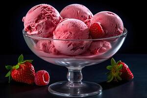 ai généré délicieux fraise la glace crème boules dans une verre récipient. établi avec génératif ai photo