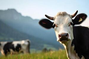 ai généré vache pâturage dans une scénique Montagne prairie. établi avec génératif ai photo