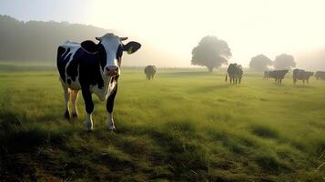 ai généré paisible scène de une troupeau de vaches pâturage. établi avec génératif ai photo