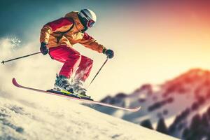 ai généré sauter skieur conquête le pistes dans extrême hiver des sports aventure. établi avec génératif ai photo