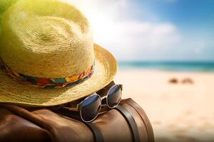 ai généré tropical vacances essentiel paille chapeau, plage sac et Soleil des lunettes sur une sablonneux plage. établi avec génératif ai photo