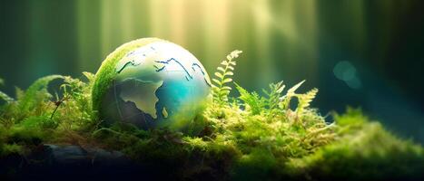 ai généré vert globe sur mousse - environnement concept. établi avec génératif ai photo