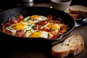 ai généré délicieux petit déjeuner avec des œufs et Bacon cuisine dans la poêle sur poêle. établi avec génératif ai photo