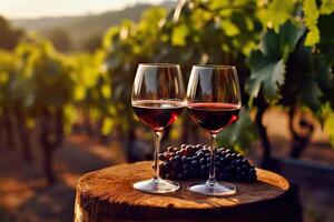 ai généré romantique du vin dégustation dans le vignoble deux des lunettes de rouge du vin avec scénique vues. établi avec génératif ai photo