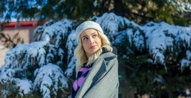 portrait de une femme dans une parc, portrait de une femme dans hiver parc, portrait de une blond femme, femme dans chapeau photo