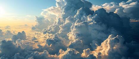 ai généré majestueux cumulus des nuages à haute altitude. une Stupéfiant aérien vue de imposant cumulus des nuages baigné dans le d'or lumière de le réglage Soleil photo