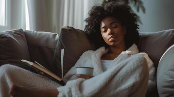 ai généré détendu africain américain femme en train de lire livre et en buvant café à Accueil photo