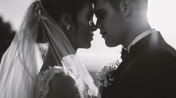 ai généré magnifique la mariée et jeune marié dans leur mariage journée. noir et blanc photo. photo